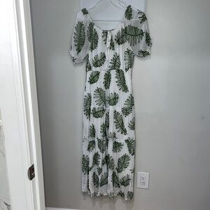 White and Green Leaf Print Maxi Dress